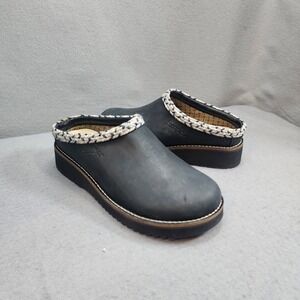 Simple Clog Black Leather Braided Trim Platform Mule Womens 7 Mens 5